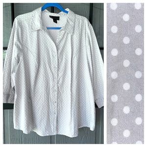 Lane Bryant button front shirt, light gray with white polka dots, 96% cotton